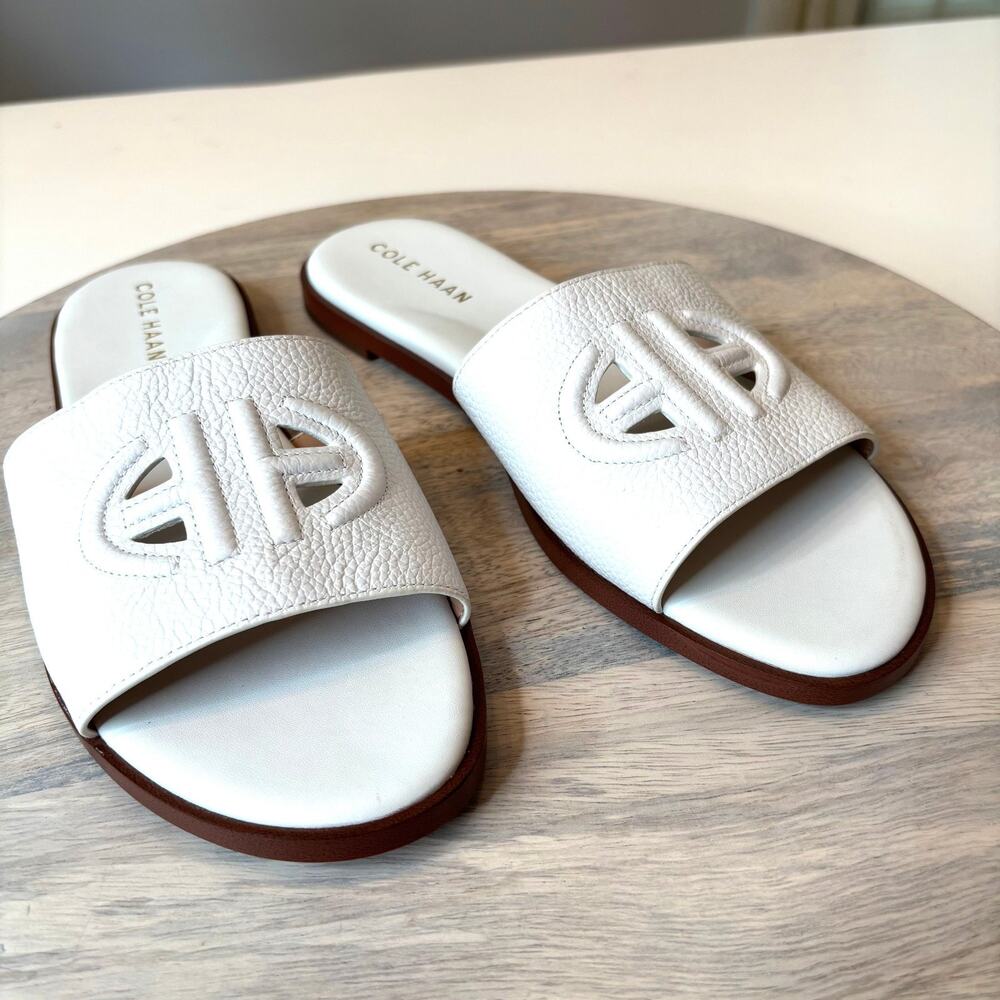 Cole Haan Flynn Logo Slide Sandals White Leather Women's 8 8B Slip On Flats
